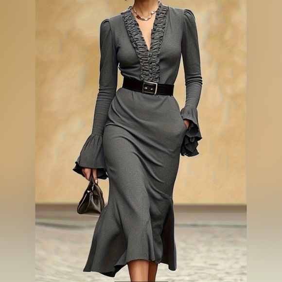 A Classy Chic Boutique Dresses & Skirts - Frill V-Neck Flare Sleeve Dress